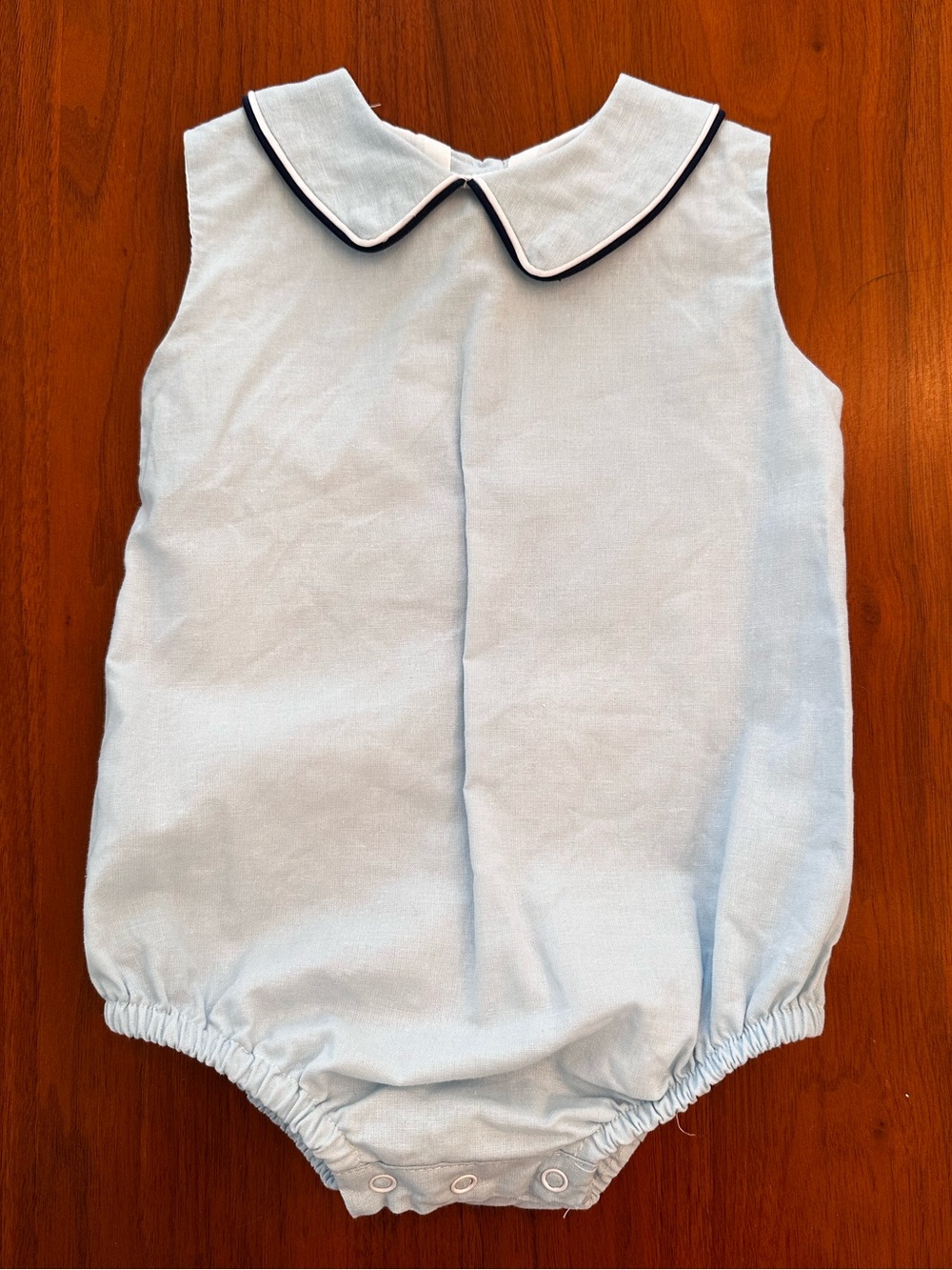 The Oaks Apparel Light Blue and Navy Trim Peter Pan Collar Boys Bubble